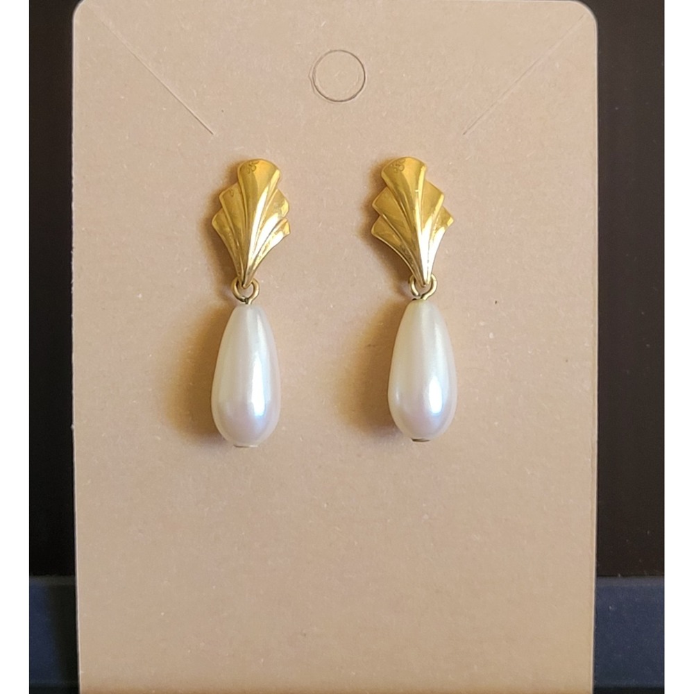 MONET  Vintage Gold Tone Dangle Faux Ivory Pearl Earrings Signed Bridal Wedding